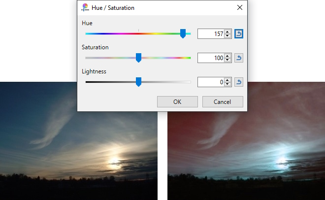 Adjustments > Hue  / Saturation + Hue adjustment