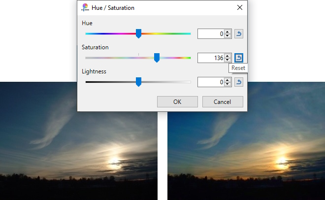 Adjustments > Hue  / Saturation + Saturation adjustment